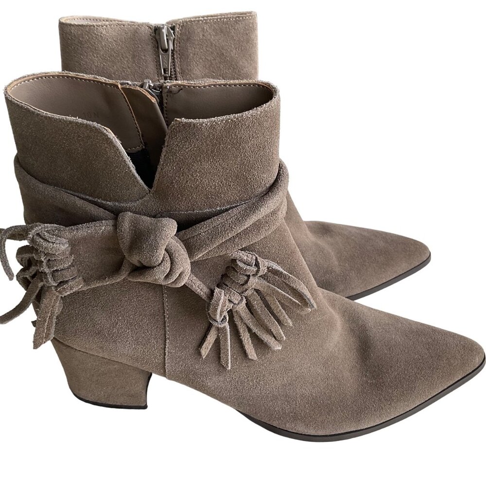 Van Eli Women’s Taupe Suede Western Fringe Knot Ankle Boots With Chunky Heels